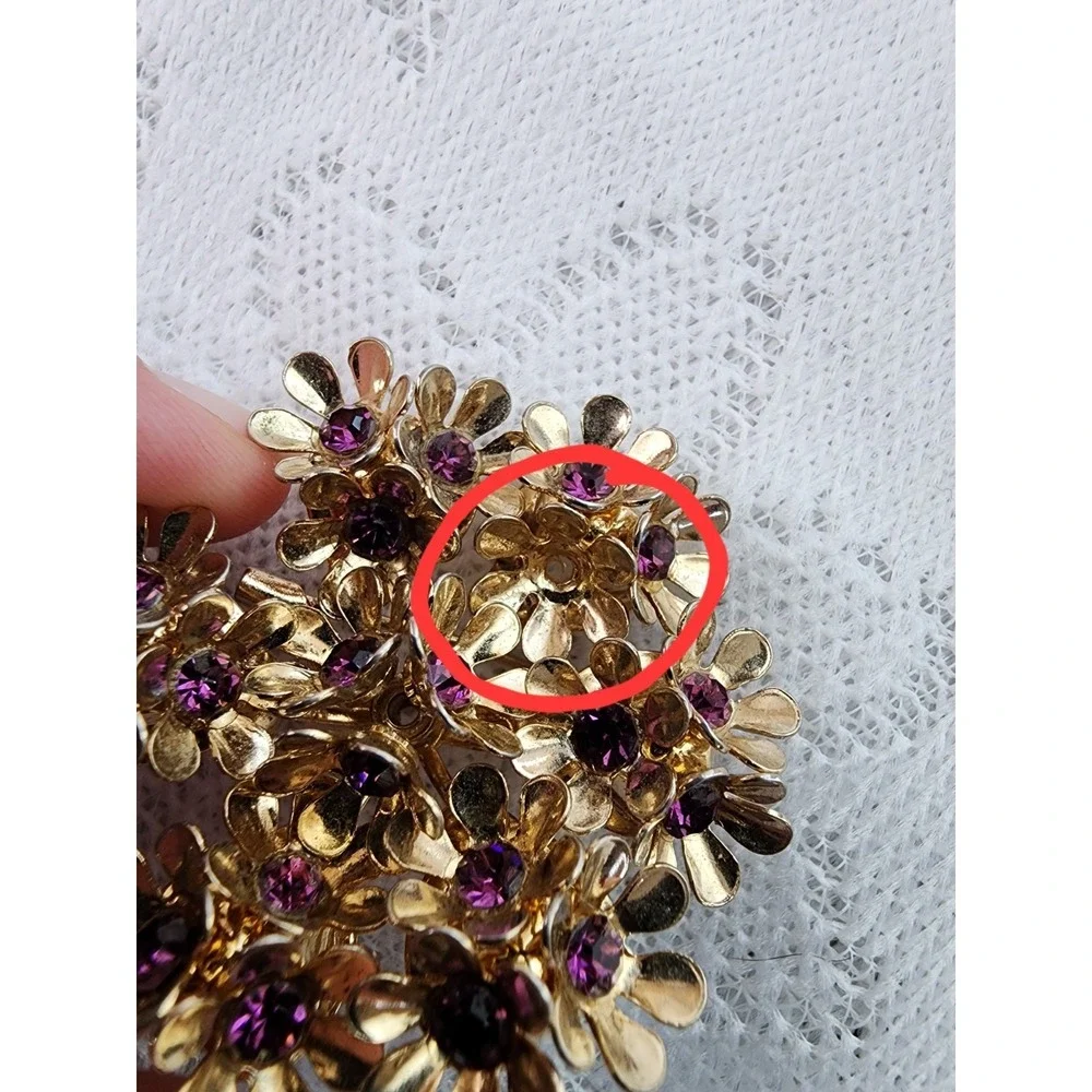 Vintage Mid Century Flower Cluster Brooch Pink Gold Tone Boho Cottage Purple 50s